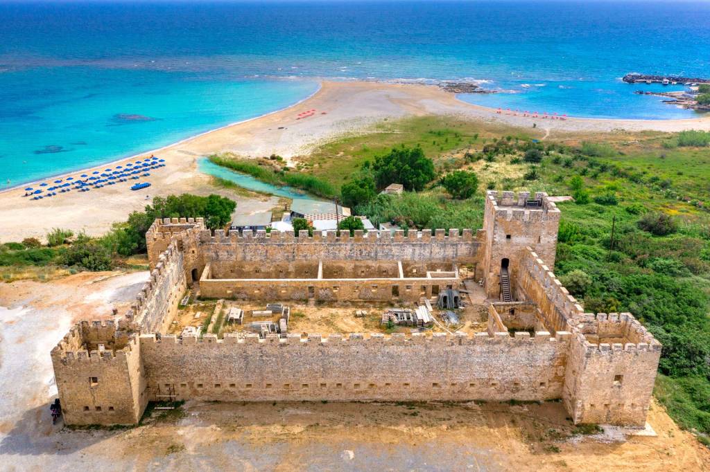 The organized beach by Frangokastello Castle.