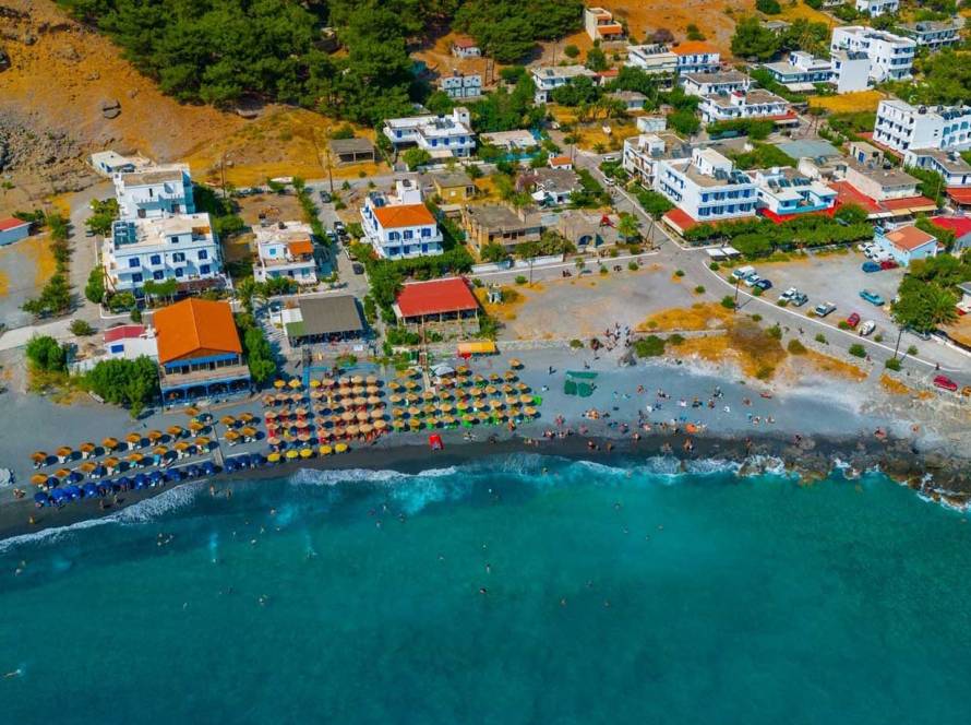 Aerial view of the hotels and taverns in Agia Roumeli Beach.