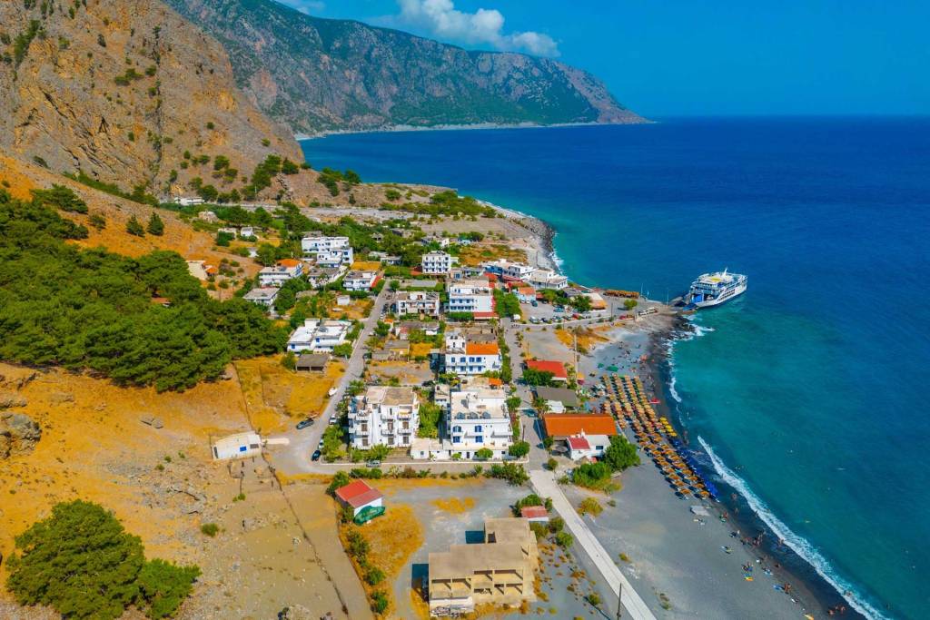 The taverns and the small port in Agia Roumeli Beach.