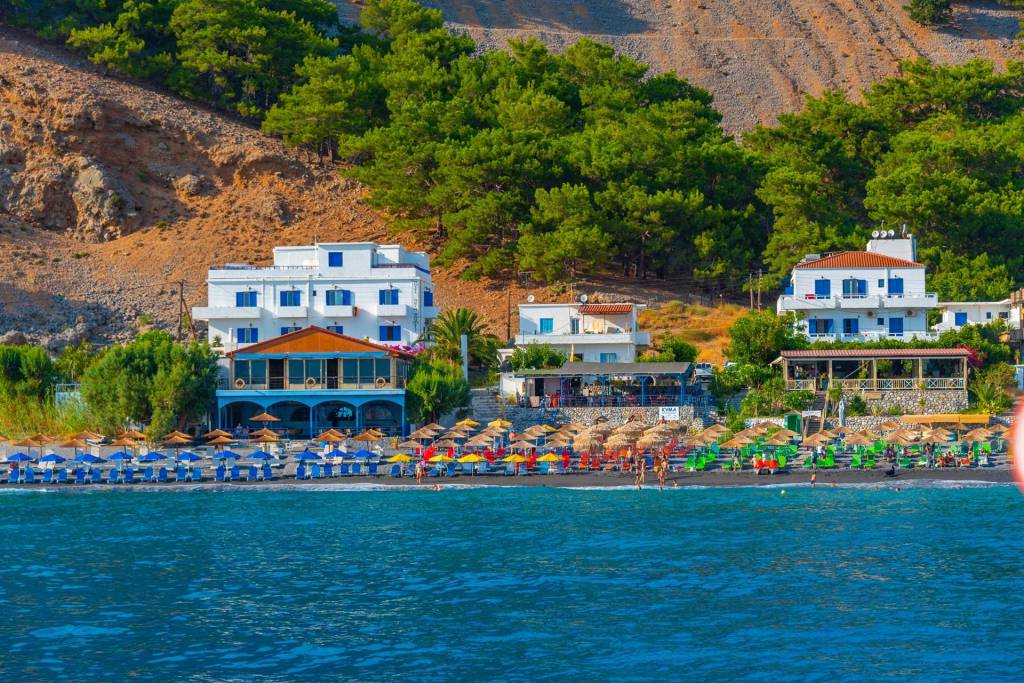 Seaside hotels and bars at Agia Roumeli Village in Chania.
