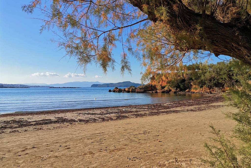 The sandy coast of Agii Apostoli Beach.