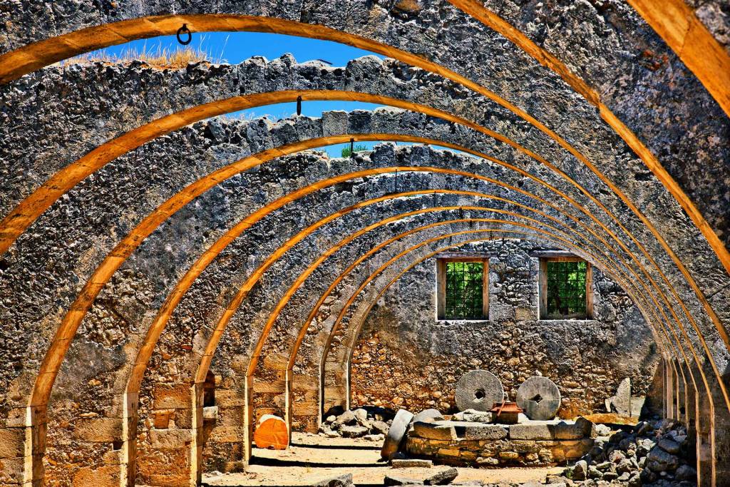 The abandoned olive mill in Agios Georgios Monastery (Karydi, Chania).