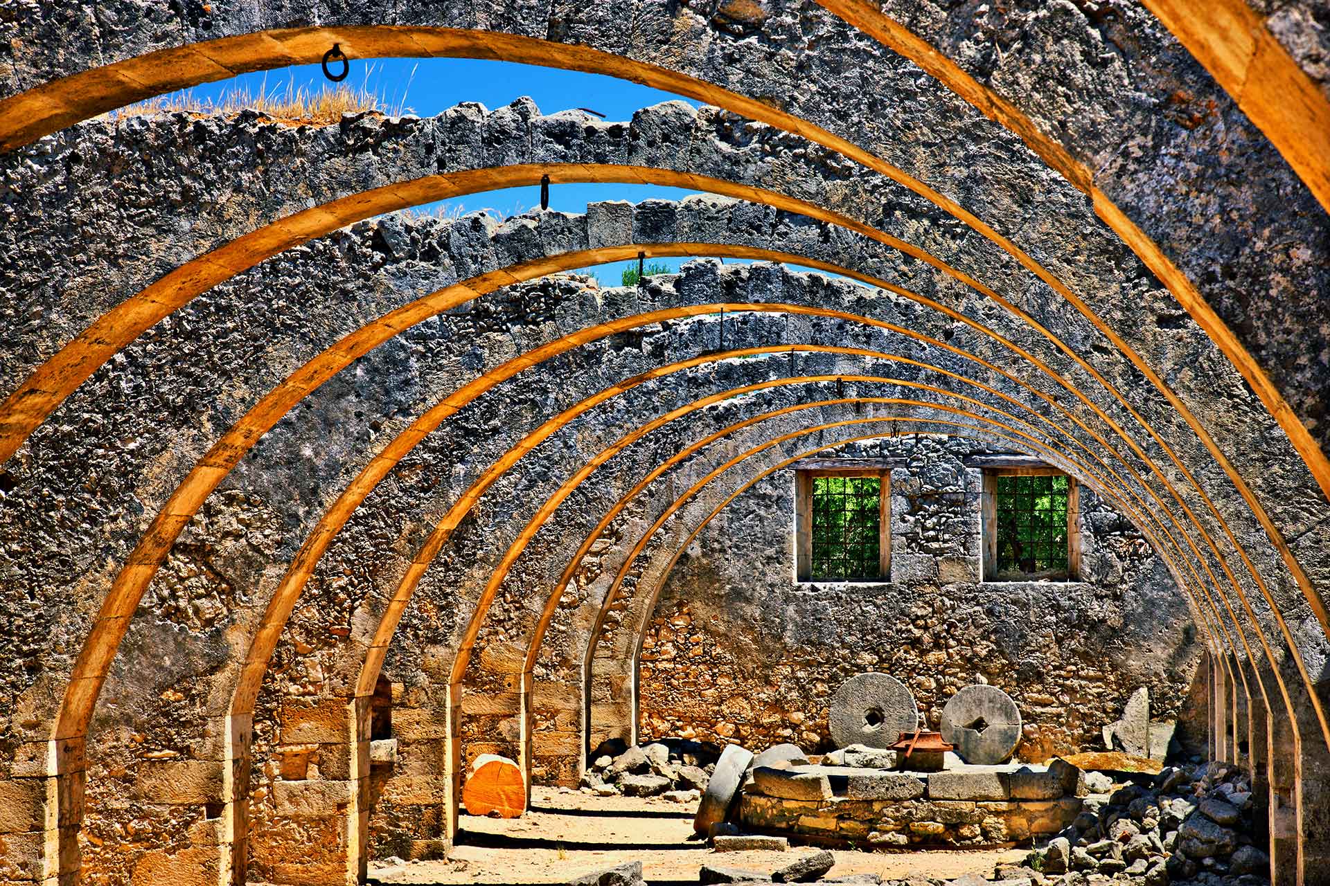 The abandoned olive mill in Agios Georgios Monastery (Karydi, Chania).