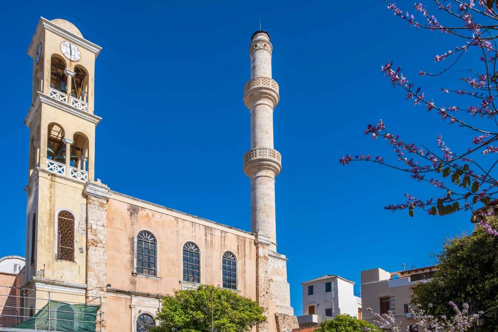 The minaret of Agios Nikolaos Church in Splatzia Square.