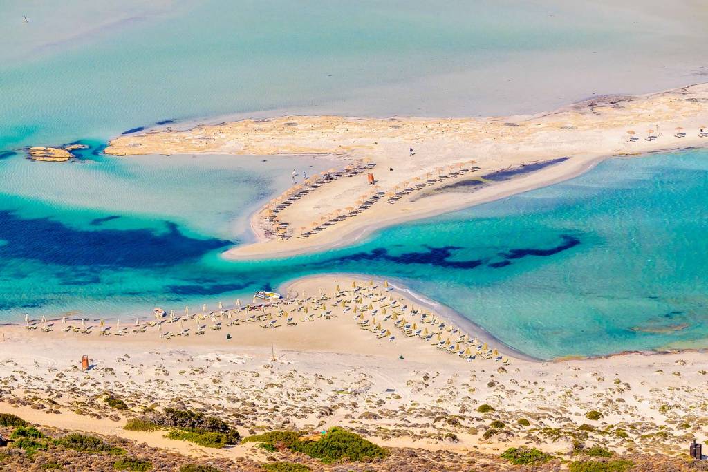 Aerial view of the waters and pink sand in Balos Beach.