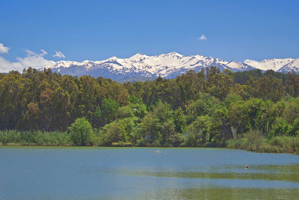 Winter view of Agia Village's Lake, the snowy mountains, and the lush trees.