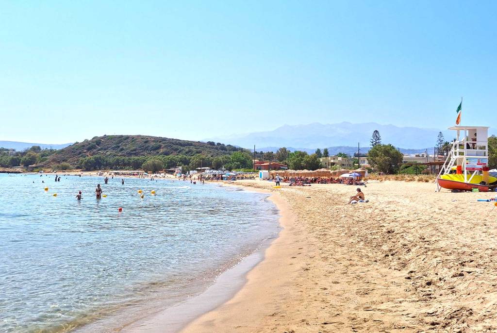 Lifeguard tower in the sandy Chrissi Akti Beach of Chania.