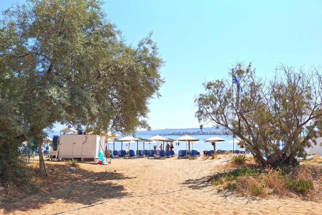 Trees, changing rooms, and sunbeds in the sandy Chrissi Akti Beach of Chania.