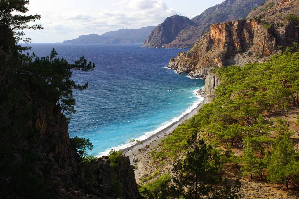 The view of Domata Beach from Klados Gorge.