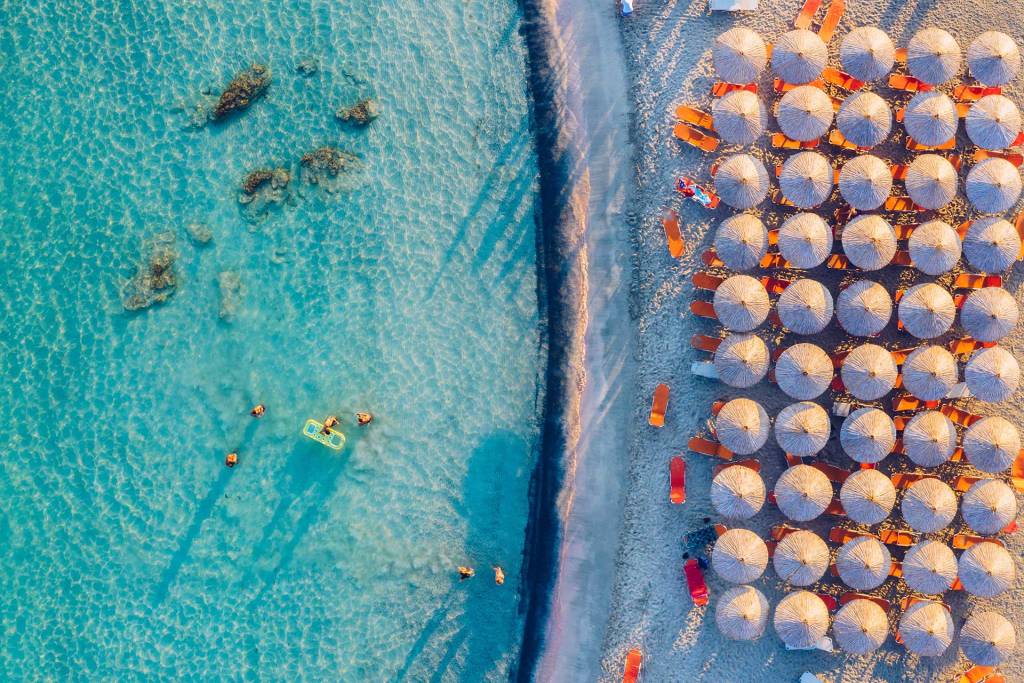 Aerial view of the umbrellas at Elafonisi Beach.