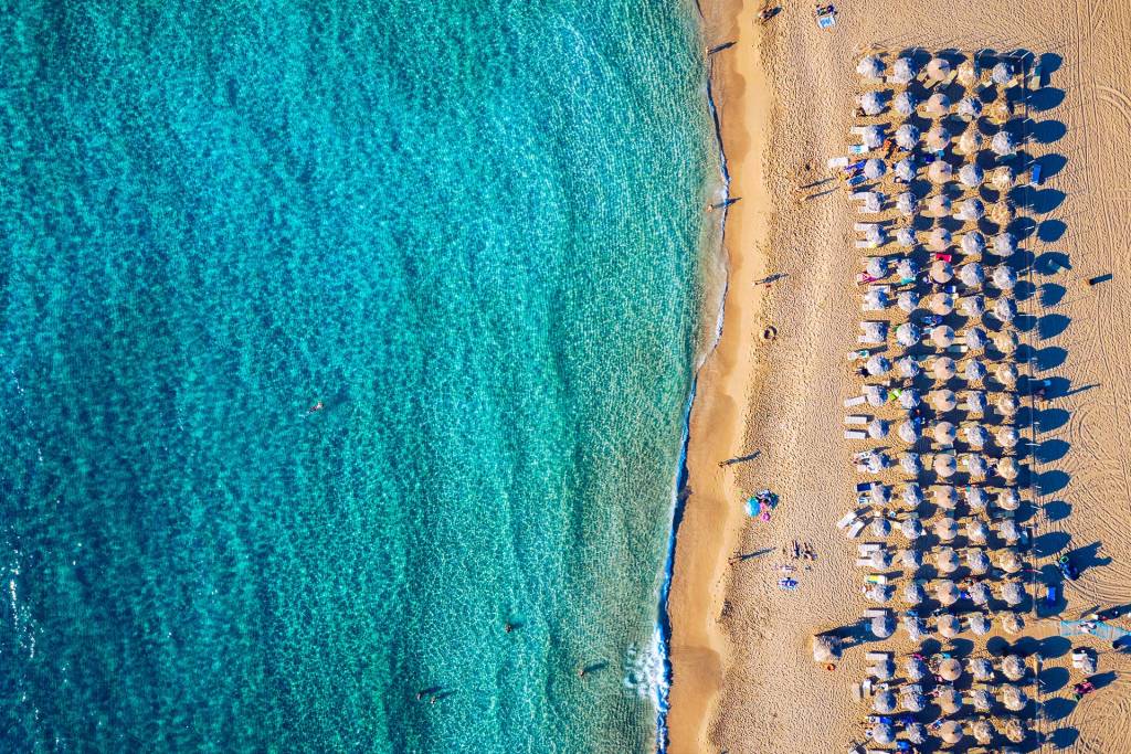 Aerial view of the sandy and organized Falassarna Beach in Chania.