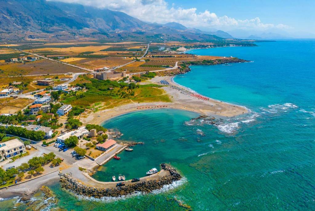 Frangokastello Village, the Castle, and the organized beach.