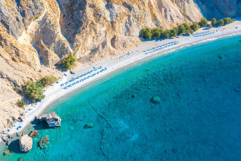 Aerial view of Glyka Nera Beach in Chania.