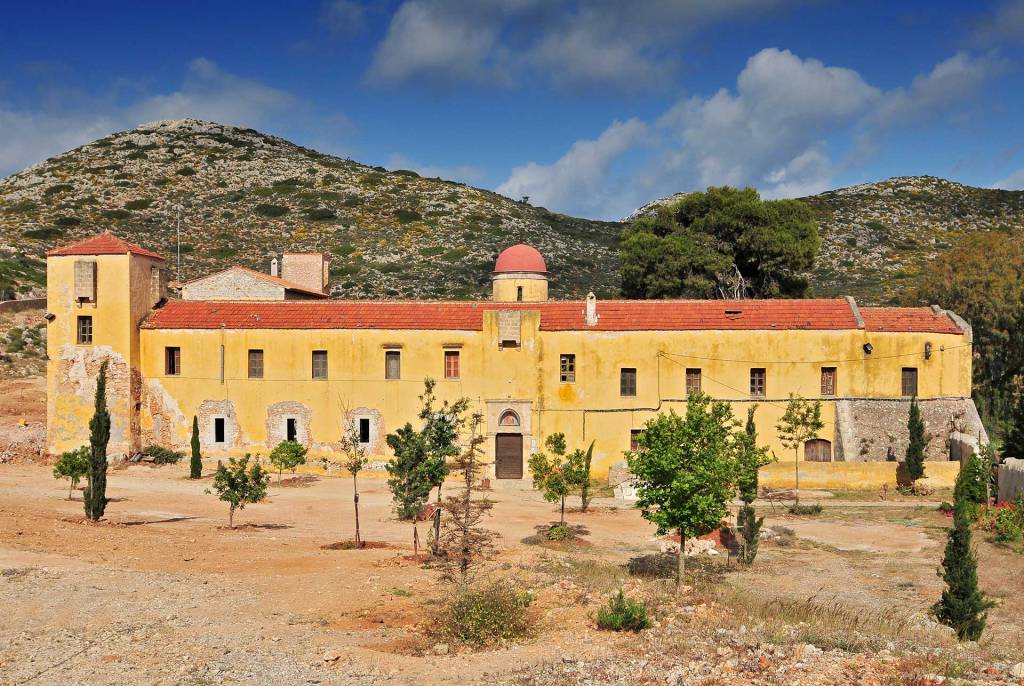 The exterior view of the Gouverneto Monastery in Chania.