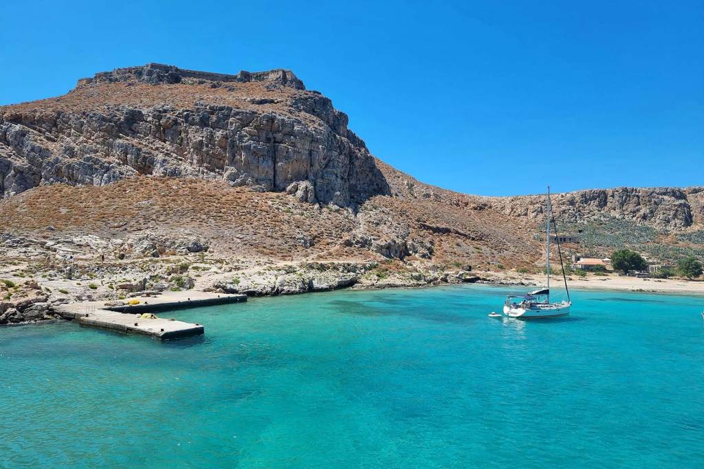 A luxury catamaran in Gramvousa Island of Chania.