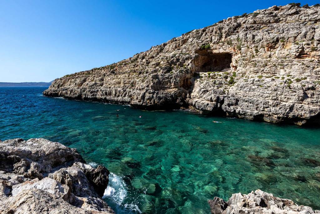 The waters and rocks of Koutalas Beach in Chania.