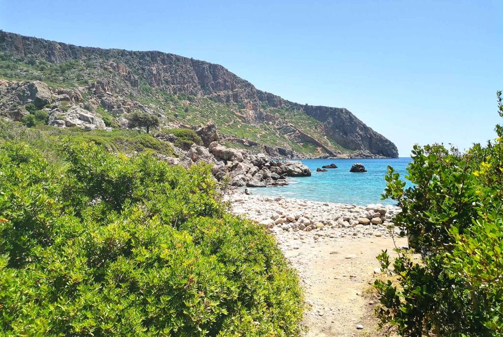 The rocky landscape and some trees at Lissos Beach.
