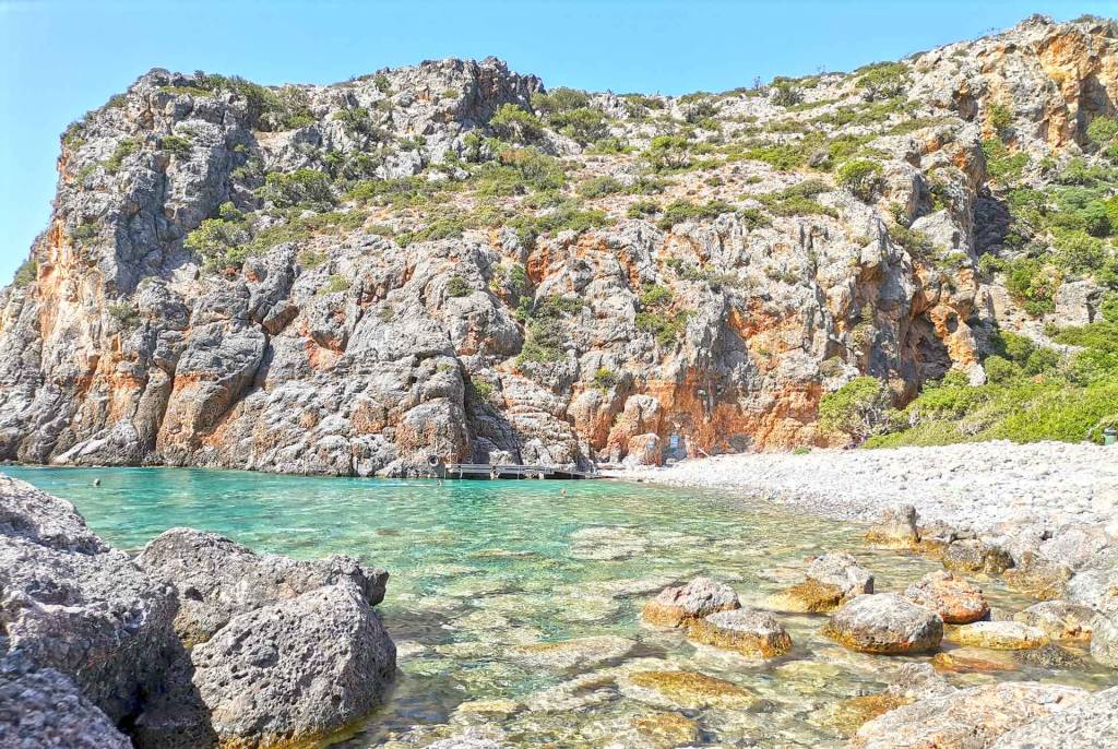 The turquoise waters of Lissos Beach and the mountain.