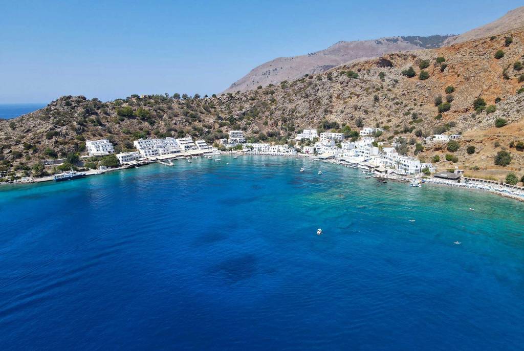 The white-washed houses of Loutro Beach.