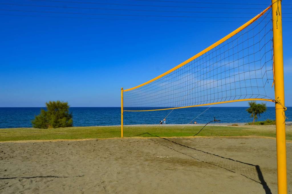 A beach volleyball court in Maleme Beach.
