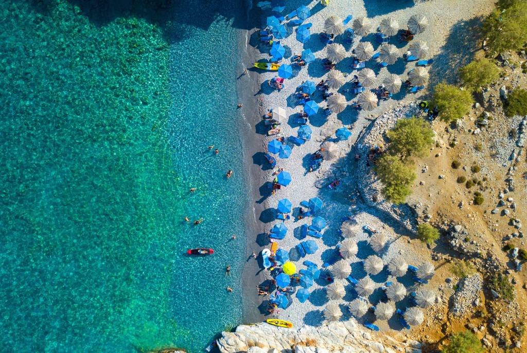 Aerial view of umbrellas in Marmara Beach.