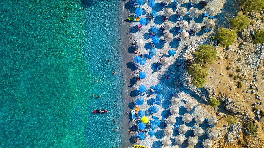 Aerial view of umbrellas in Marmara Beach.
