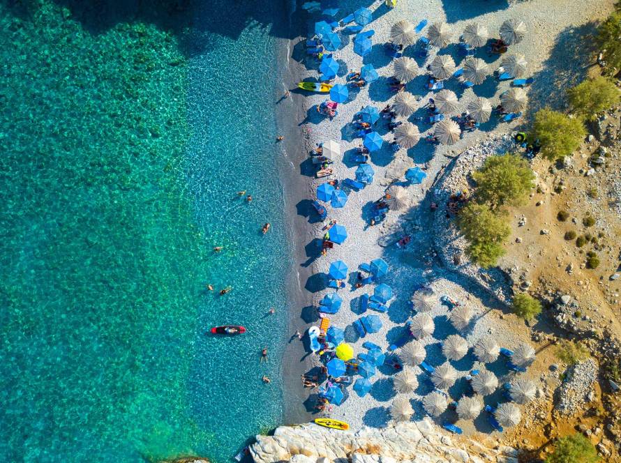 Aerial view of umbrellas in Marmara Beach.