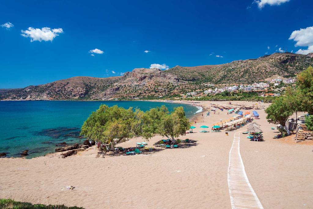 The sandy coast of the organized Pachia Ammos Beach in Paleochora.