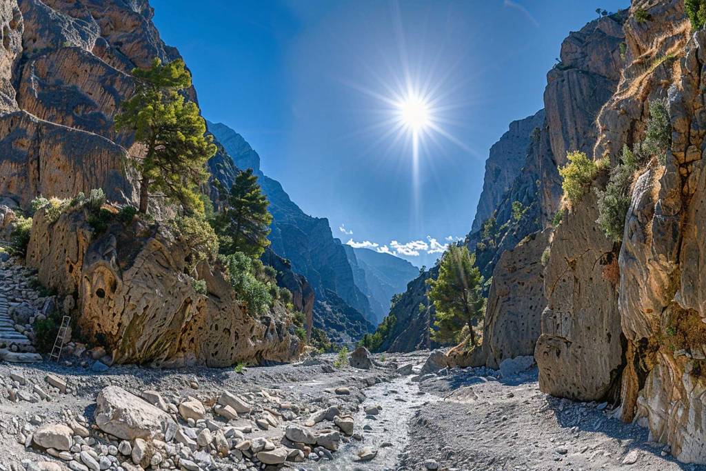 The sun shines above the rocky path of Samaria Gorge.