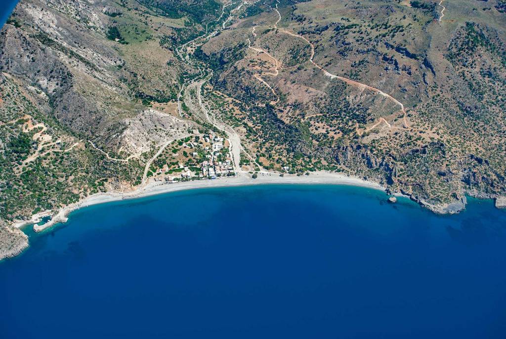 Aerial view of the village of Sougia in South Chania.