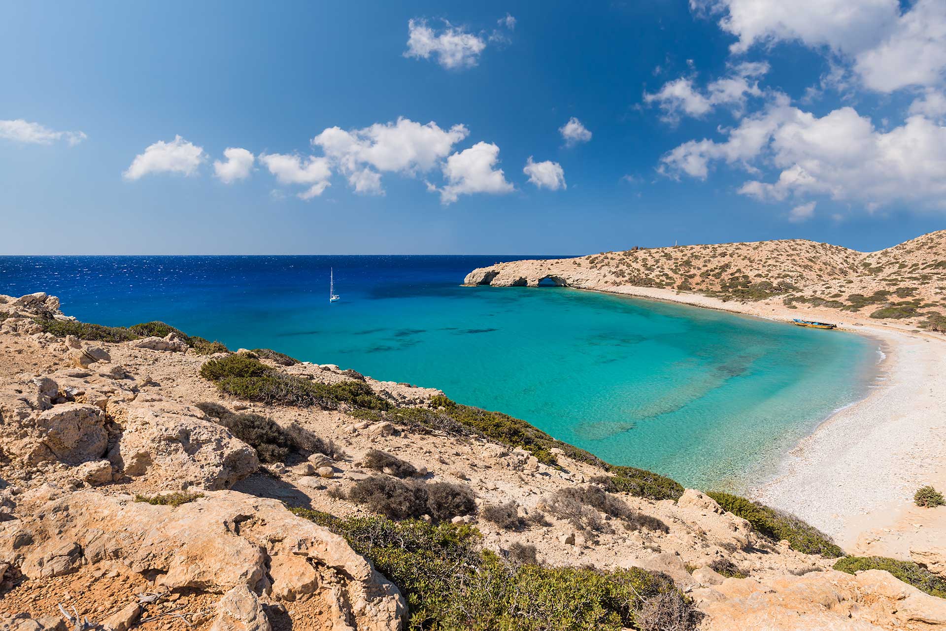 A catamaran in the middle of the sea in Tripiti Beach (Gavdos Island).