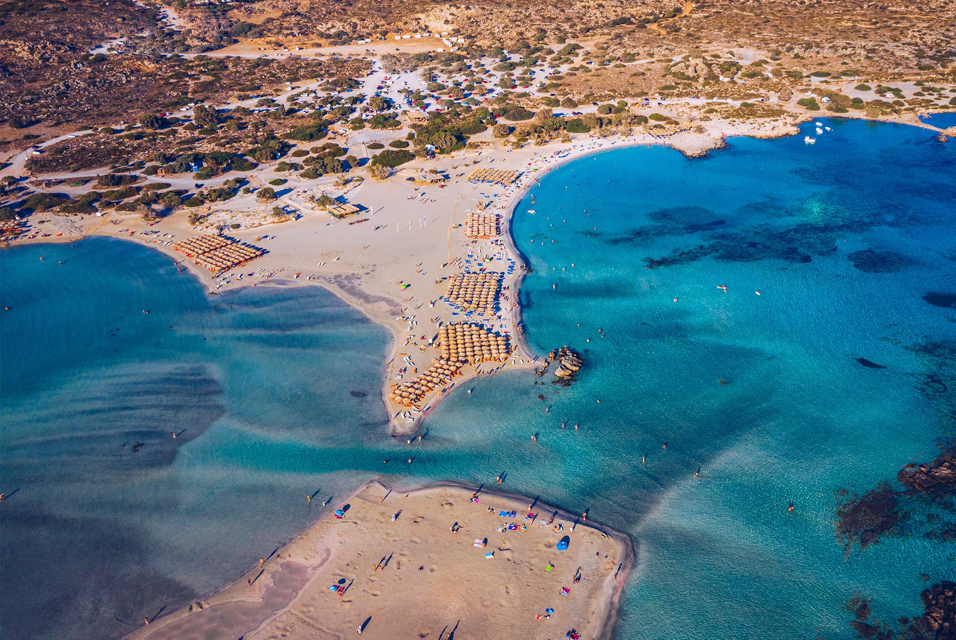 Aerial view of the awarded Elafonisi Beach with the pink sand.