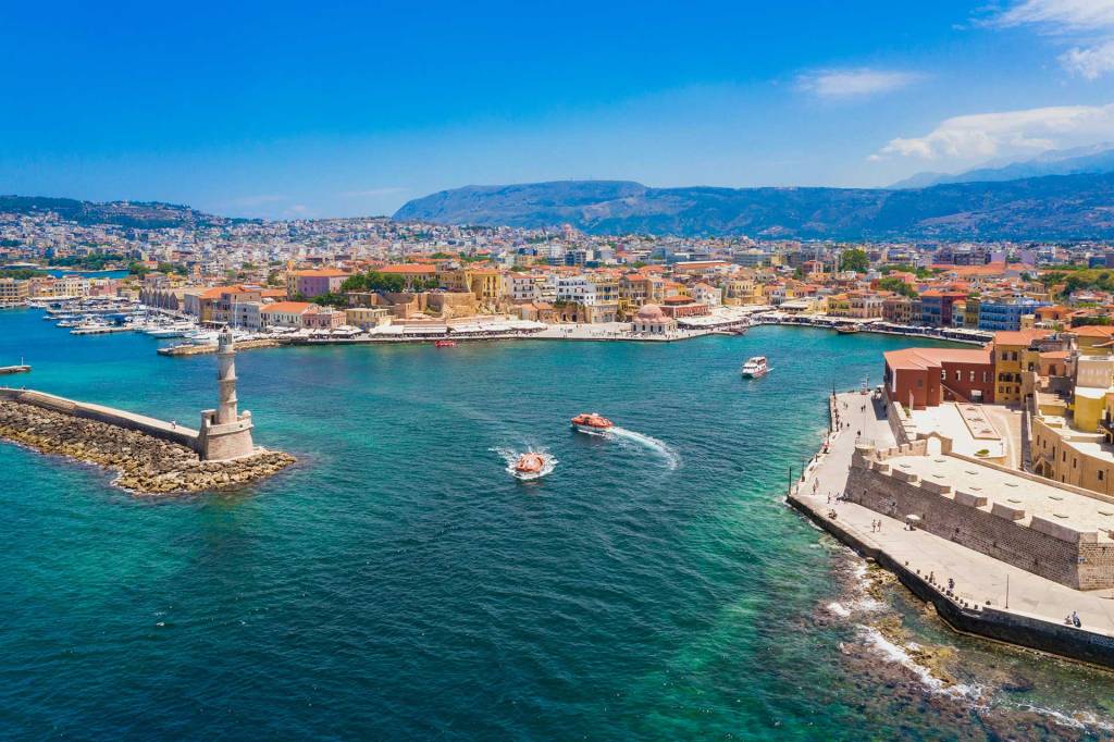 Morning view of Chania Old Harbor, the Lighthouse, and Firkas Fortress.