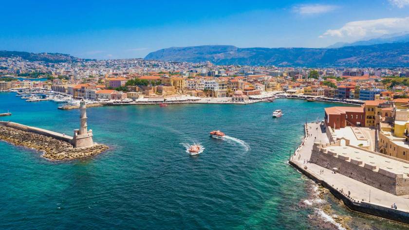 Morning view of Chania Old Harbor, the Lighthouse, and Firkas Fortress.