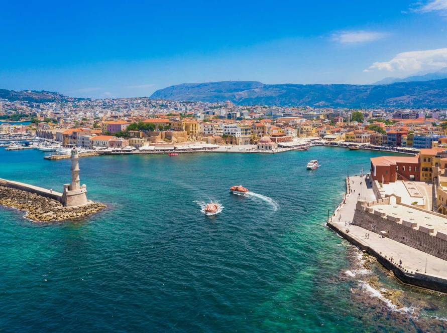 Morning view of Chania Old Harbor, the Lighthouse, and Firkas Fortress.