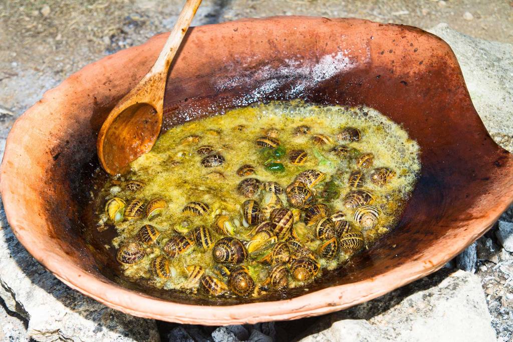 A bowl of Chochli Bourbouristi (snails) in Chania.