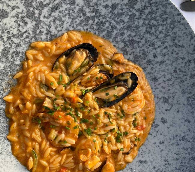 Barley risotto with mussels and shrimp.