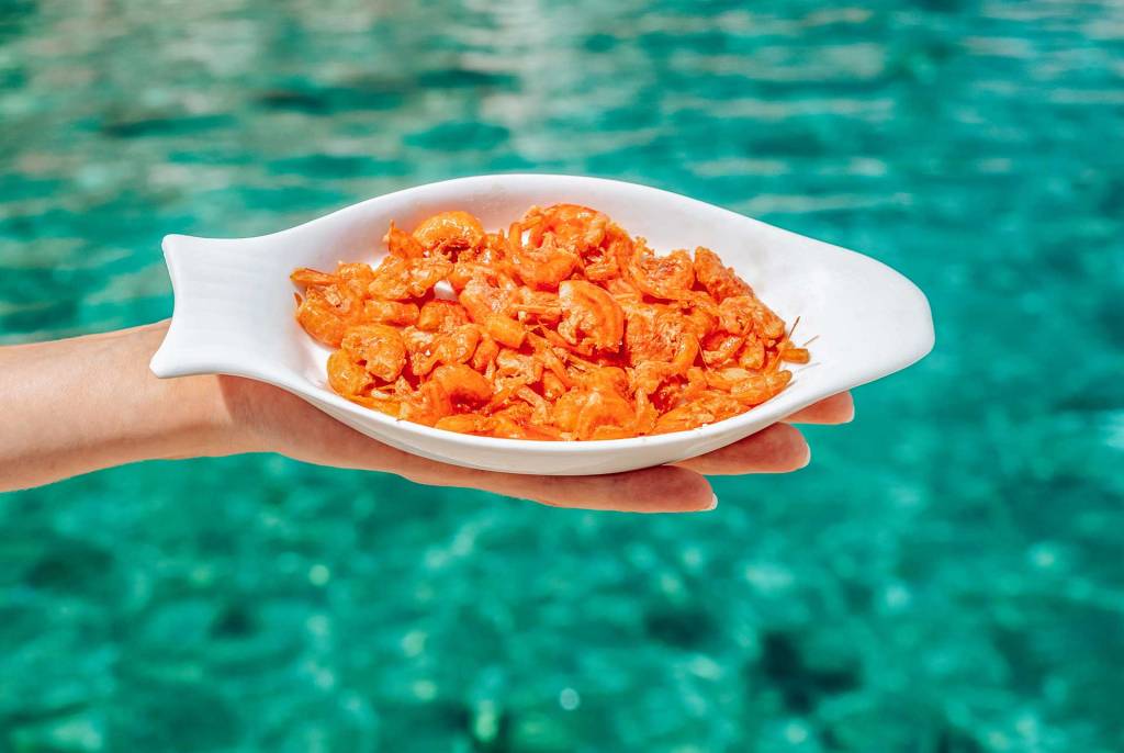 A plate with shrimps by the swimming pool.