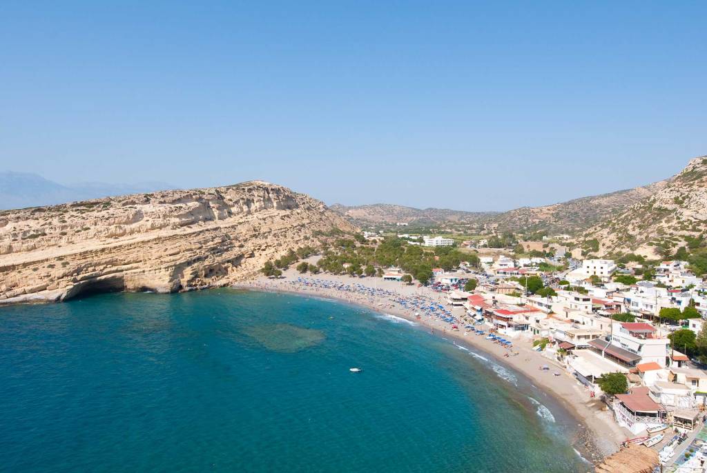 Matala Beach and seaside houses in Heraklion.