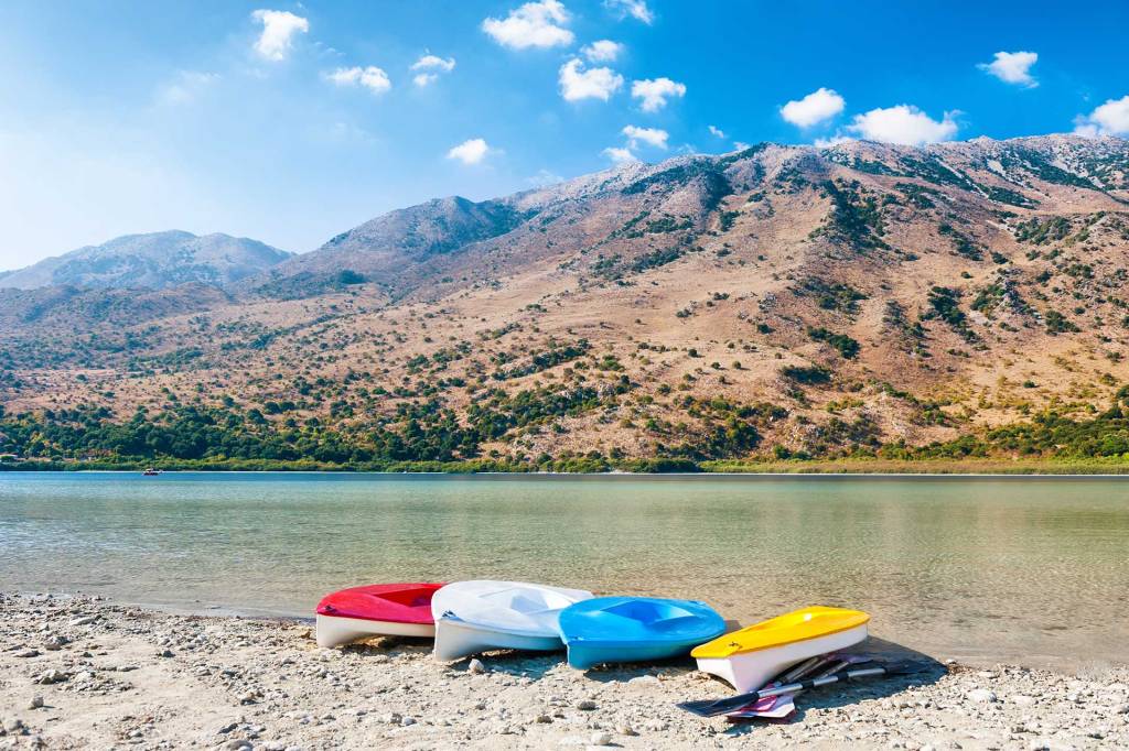 Colorful kayaks in Lake Kournas.
