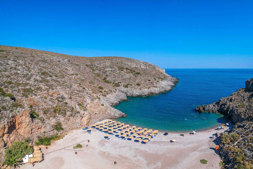 The organized Chalkos Beach in South Kythira.
