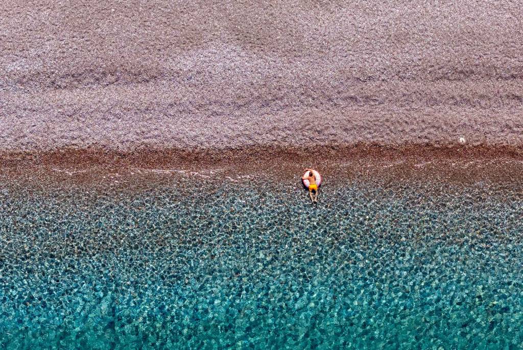 Aerial view of the sandy Firi Ammos Beach, on Kythira Island.
