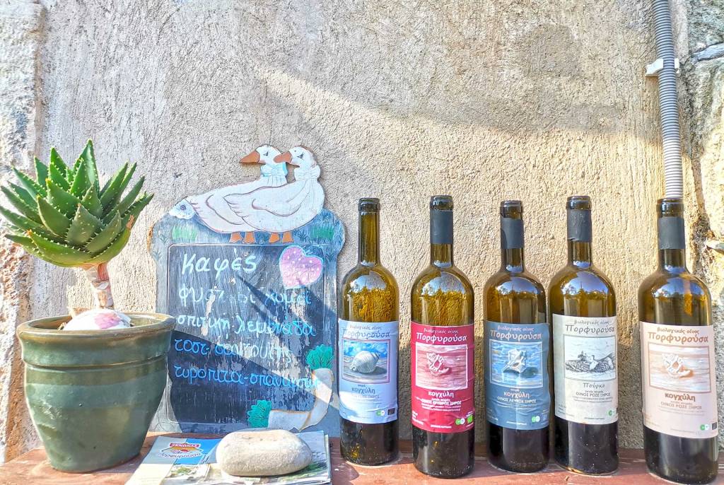 Bottles of wine in a bar in Milopotamos Village (Kythira).