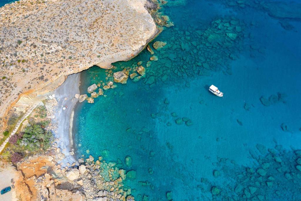 Aerial view of Kalo Nero Beach in Makrigialos Village.