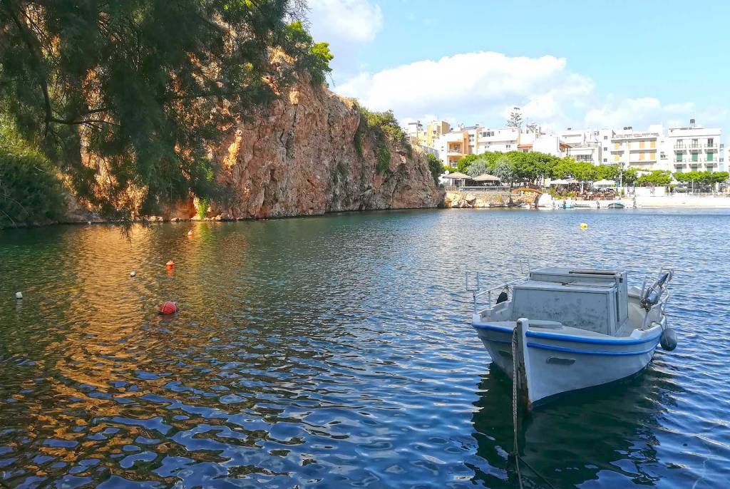 A fishing boat in the Voulismeni Lake of Agios Nikolaos in Lasithi.