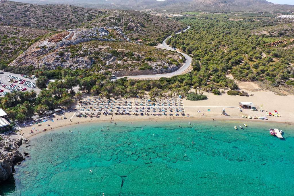 Aerial view of Vai Palm Beach in Lasithi.