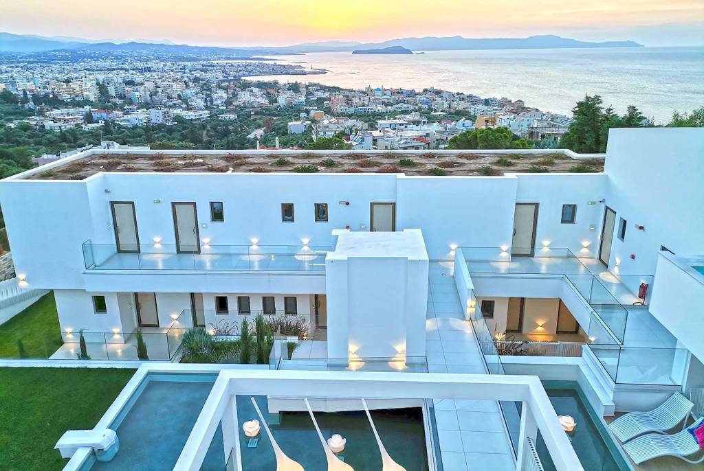 Sunset view of Chania Old Harbor from one of the best hotels: Lagon Life Spirit Boutique Hotel.