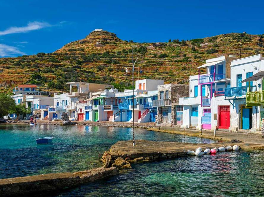 The colorful seaside houses in Klima Village, on Milos Island.