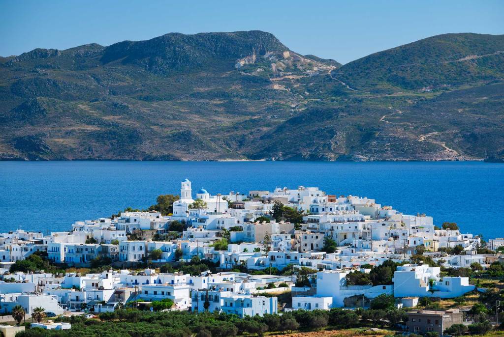 View of the seaside Plaka Village in Milos.