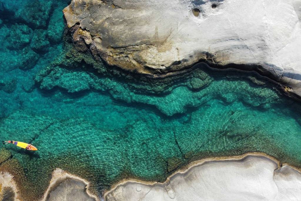 Aerial view of the rocky Sarakiniko Beach, on Milos Island.
